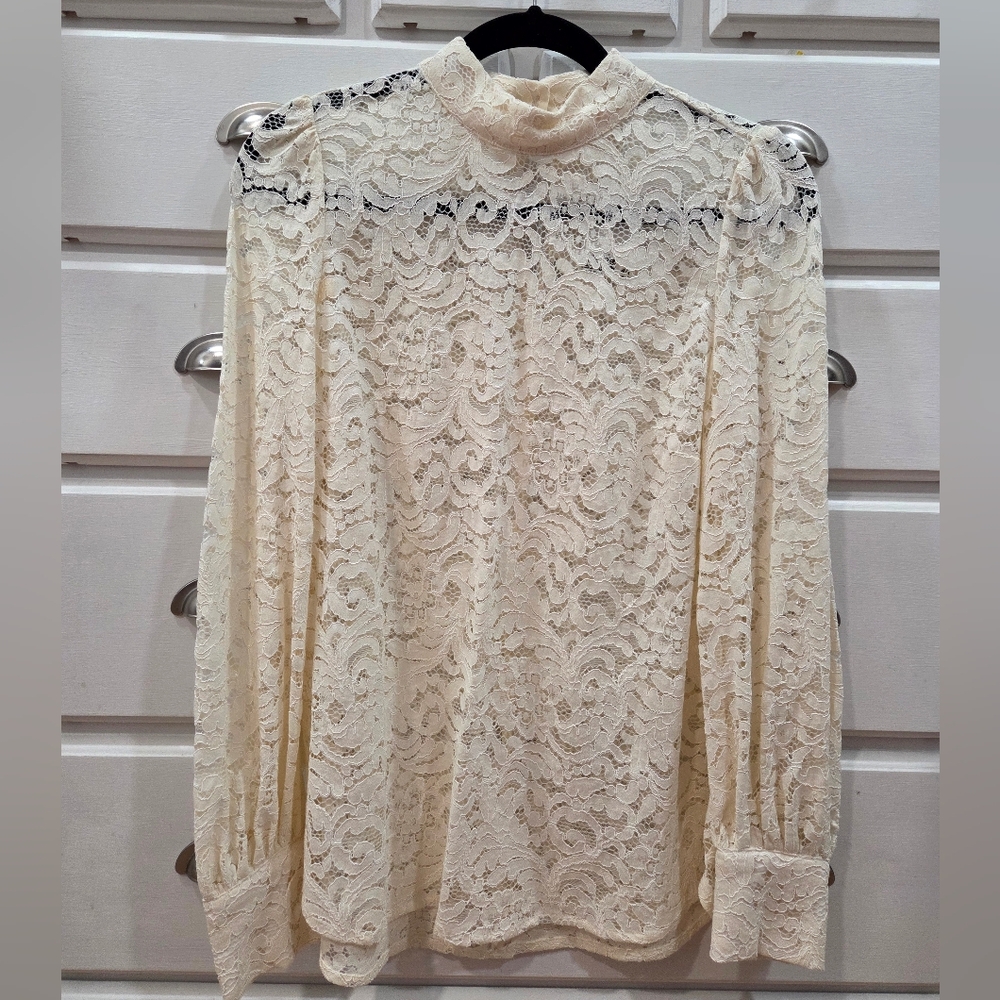 H&M Cream Lace Long-Sleeve Mock Neck Blouse